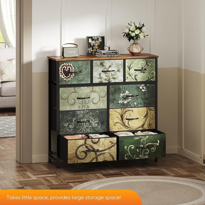 DUMOS Dresser for Bedroom, Storage Organizer with 9 Drawers, Chest of Drawers with Fabric Bins, Sturdy Metal Frame, Wood Tabletop for Guest Room, Closet, Entryway,Vintage