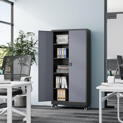 Fesbos Metal Rolling Storage Cabinet-74.6” Tall Steel File Cabinets with Wheels Lockable Doors and Adjustable Shelves-Black & Gray Steel Storage Cabinet for Home, School, Office, Garage