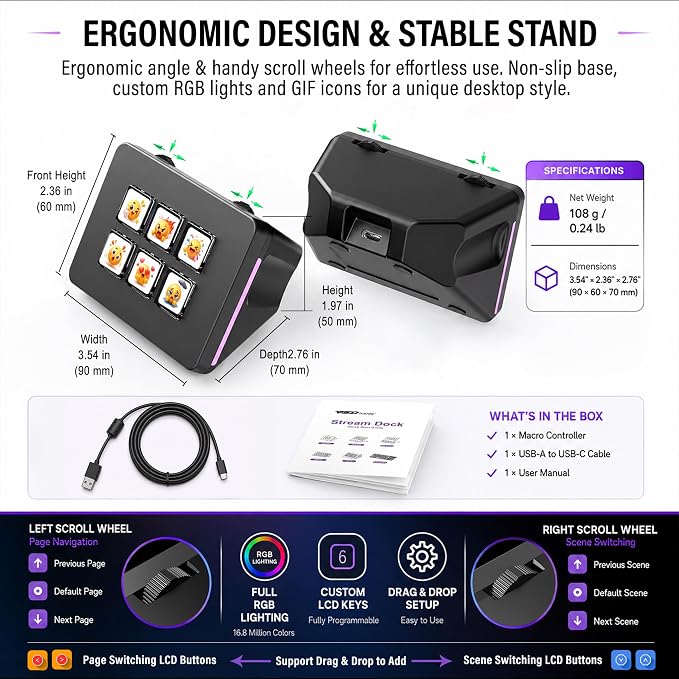 Mini Stream Controller Deck, Gaming Streaming Macro Pad Keypad, Shortcut Keyboard with 6 Programmable LCD Keys, Customizable Icons & RGB Light, USB Soundboard for Video Editing, OBS, PC, Mac