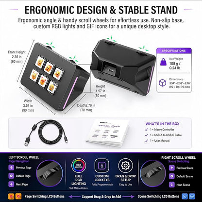 Mini Stream Controller Deck, Gaming Streaming Macro Pad Keypad, Shortcut Keyboard with 6 Programmable LCD Keys, Customizable Icons & RGB Light, USB Soundboard for Video Editing, OBS, PC, Mac