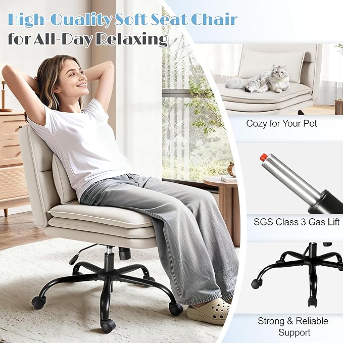 Furmax Criss Cross Legged Office Chair with Wheels, Armless Extra Wide Seat Swivel Desk Chair, Adjustable Height Comfy Task Chair with Thick Cushion for Home Office Bedroom Vanity (Fabric, Beige)