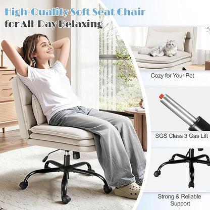 Furmax Criss Cross Legged Office Chair with Wheels, Armless Extra Wide Seat Swivel Desk Chair, Adjustable Height Comfy Task Chair with Thick Cushion for Home Office Bedroom Vanity (Fabric, Beige)