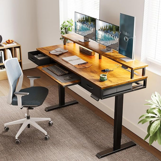 AODK Electric Standing Desk with Drawers & Keyboard Tray, 63 Inch Height Adjustable Gaming Desk with Power Outlets & LED Lights, Sit Stand Table with Monitor Stand for Home, Office, Rustic Brown