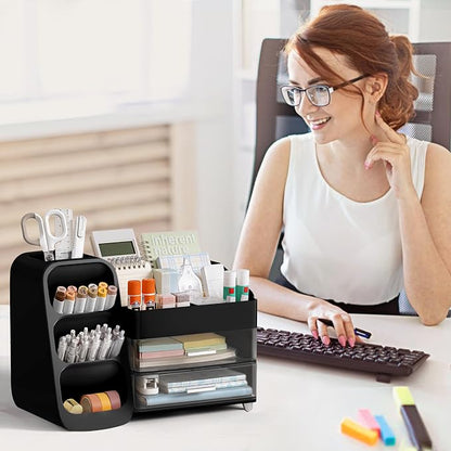 HBlife Desk Organizer with Pen Pencil Holder for Desk, Pen Organizer with 2 Drawers, Desk Organizers and Accessories with 4 Compartments, Desktop Storage for Office Home School Art Supplies, Black