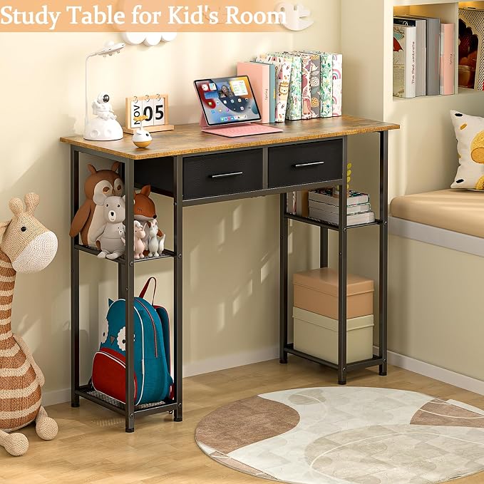 DAOUTIME Computer Desk with Drawers, 37.3 Inch Home Office Work Desk with Storage Shelf, Kids Teens Study Table for Small Space, Small Writing PC Table for Bedroom Makeup Vanity Desk, Brown