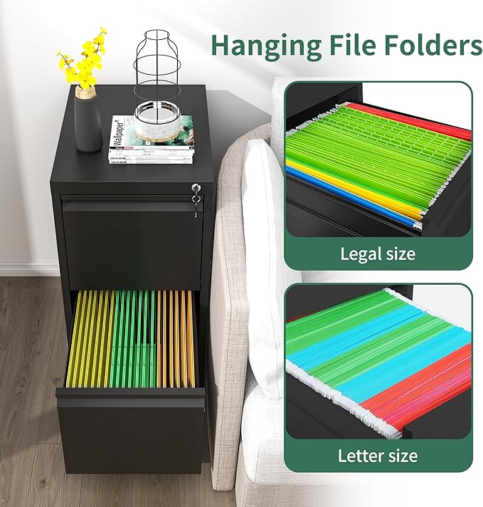 2 Drawers File Cabinet, Vertical File Cabinets with Lock for Home Office,Heavy Duty Office Steel Filing Cabinet for Hanging Letters/Legal/A4, Assembly Required,Black