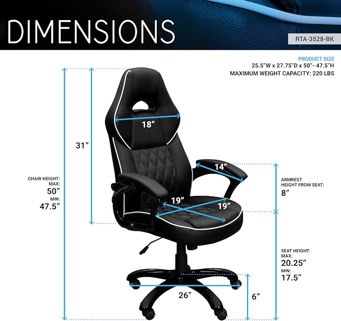 Techni Mobili PU Leather Executive Chair with Padded Armrests, Height Adjustable Racing Style Office Chair with Tilt Control, Black
