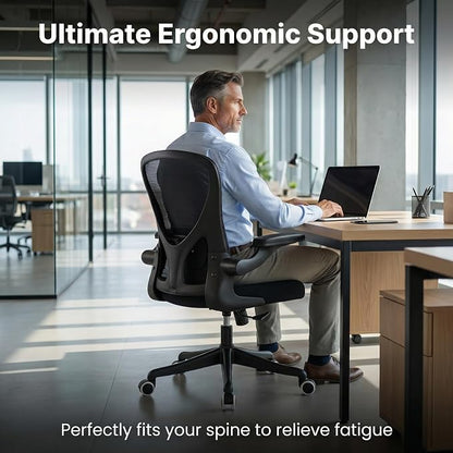 Ergonomic Office Chair with Adjustable Lumbar Support & Flip-Up Armrests - High Back Computer Desk Chair with Thickened Seat Cushion, Rolling Wheels for Home/Office Study Work (01Blcak)