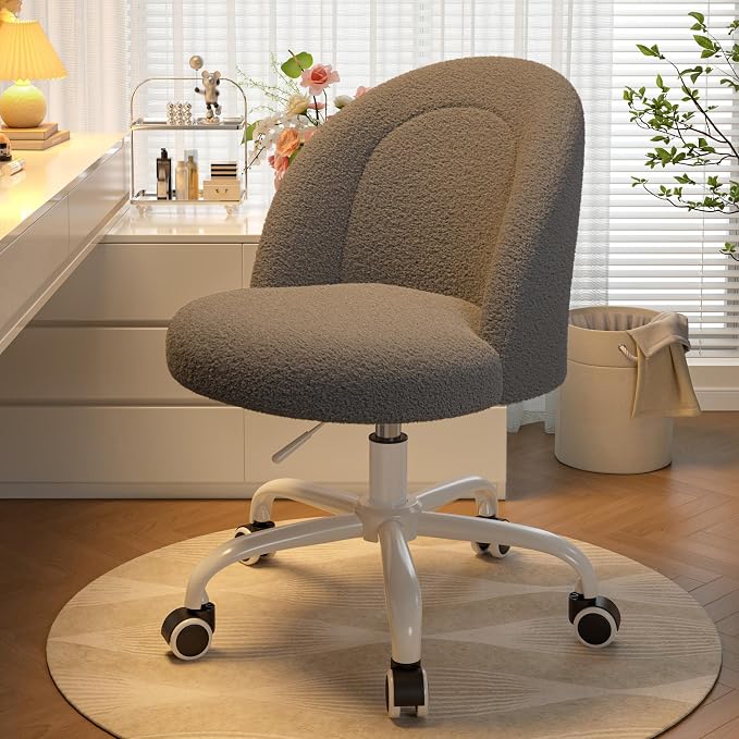 DurayLoly Vanity Chair with Back, Cute Desk Chair with Wheels, Armless Chair with Height Adjustable & 360° Swivel, Soft Lumbar Support for Small Space, Bedroom, Grey