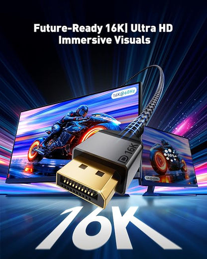 Maxonar VESA Certified DisplayPort 2.1 Cable, 16K 16FT/5M DisplayPort Cable 2.0 Supports 80Gbps,16K@60Hz, 10K@60Hz, 8K@60Hz, 4K@165Hz, HDR, HDCP 2.2, 3D, ARC for Gaming Monitor, TV, PC, Laptop