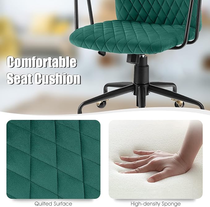 COSTWAY Green Velvet Office Chair, Upholstered Home Leisure Chair with Rubber Wood Armrests & 5-Claw Metal Base, Vintage Mid-Back Computer Desk Chair for Adult, Home, Office, Study