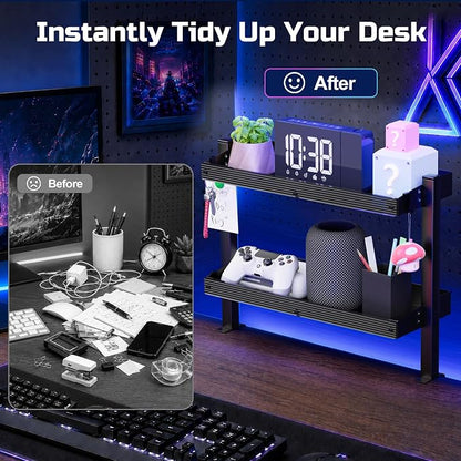 17 inch Adjustable 2-Tier Clamp On Desk Shelf with Hooks | Heavy Duty, Holds 44 lbs, No Drill, for Home Office, Gaming & Desk Organizer