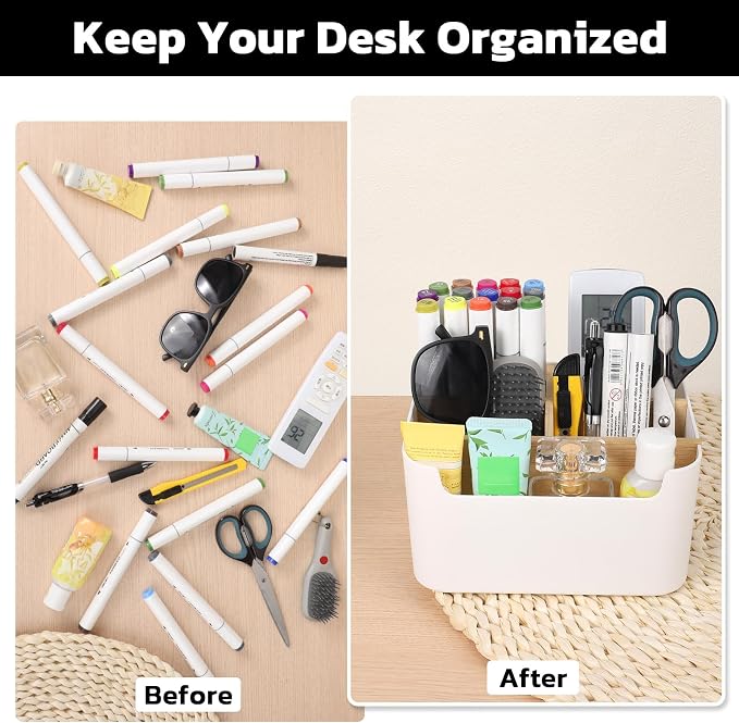 Segarty Desk Storage Box, Divided Bamboo Desktop Organizer, Pencil Holder, Detachable Pen Holder, Remote Control Holder, Cell Phone Box, Modern Wooden Desk Side Organizer for Office Home Accessories