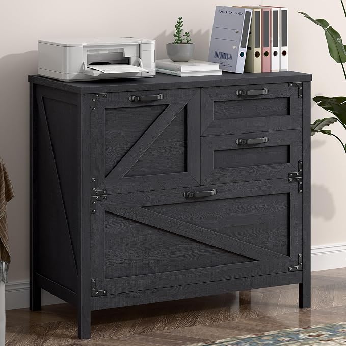 Vabches Wood Lateral File Cabinet with 4-Drawer for Hanging Files Letter/A4/Legal Size, Large Farmhouse Filing Cabinets for Home Office, Printer Stand with Office Cabinet, Office Furniture, Black