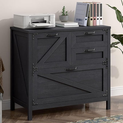 Vabches Wood Lateral File Cabinet with 4-Drawer for Hanging Files Letter/A4/Legal Size, Large Farmhouse Filing Cabinets for Home Office, Printer Stand with Office Cabinet, Office Furniture, Black
