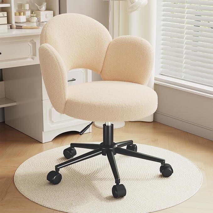 Homkdom Petal Vanity Chair with Wheels, 3.94" Thick Comfy Desk Chair, Swivel Armless Chair with Open Back and Adjustable Height, Ideal for Makeup Study Work and Relaxation, Creamy Beige