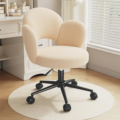 Homkdom Petal Vanity Chair with Wheels, 3.94" Thick Comfy Desk Chair, Swivel Armless Chair with Open Back and Adjustable Height, Ideal for Makeup Study Work and Relaxation, Creamy Beige