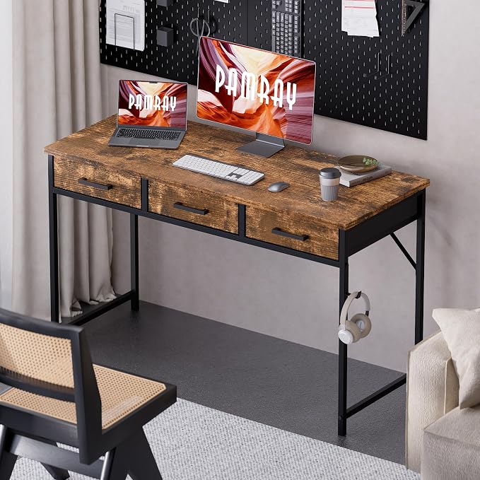 Pamray 47 Inch Small Computer Desk with 3 Drawers for Bedroom Study Writing Home Office Table for Small Spaces Vintage