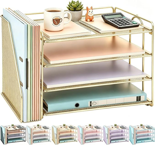 gianotter 4-Tier Paper Organizer With Magazine Holder, Desk Organizers and Accessories, Desk Accessories & Workspace Organizers, File Organizer for Office Supplies Storag (Gold, 4-Tier)