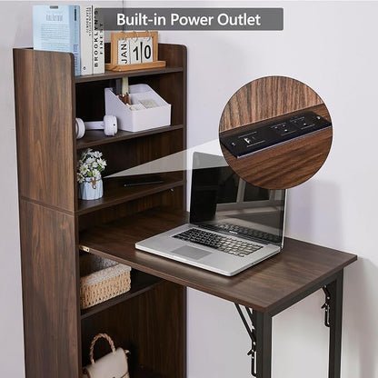 Foldable Desk with Storage,Hidden Desk with Built-in Socket,Fold Out Writing Table for Small Spaces,Home Office and Bedroom (Dark Walnut)