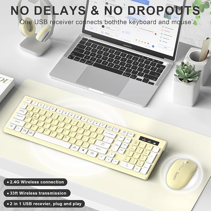Wireless Keyboard and Mouse Combo, Full-Sized Wireless Keyboard and Adjustable DPI Mouse, 2.4GHz USB Receiver, Keyboard and Mouse for PC, Windows, Desktop, Laptop (Canary Yellow)