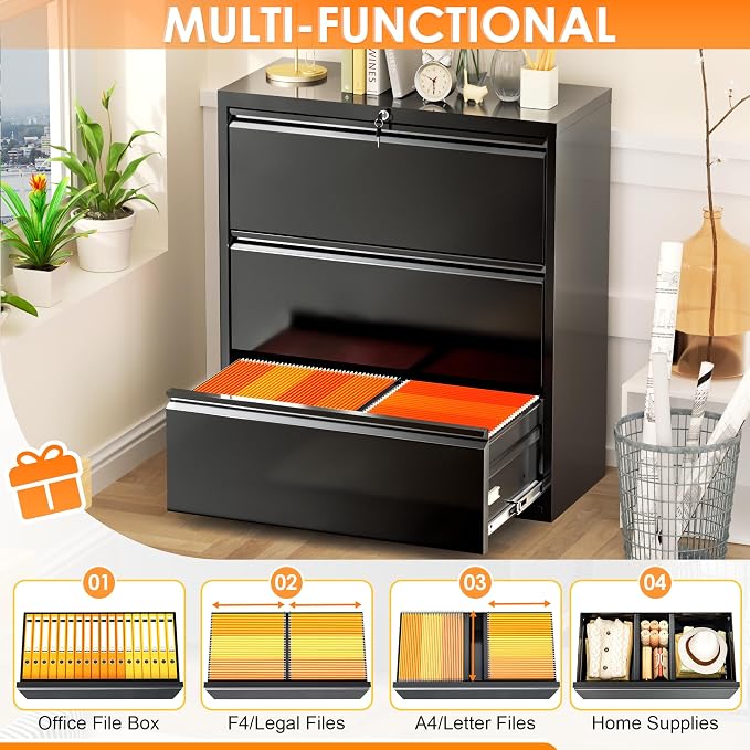 INTERGREAT File Cabinet 3 Drawers, Lateral Filing Cabinet for Home Office, Locking Horizontal File Cabinet for Hanging Files Letter/Legal/F4/A4, Black Metal, Easy Assemble