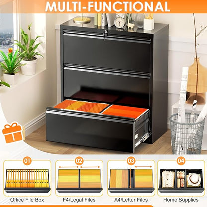 INTERGREAT File Cabinet 3 Drawers, Lateral Filing Cabinet for Home Office, Locking Horizontal File Cabinet for Hanging Files Letter/Legal/F4/A4, Black Metal, Easy Assemble