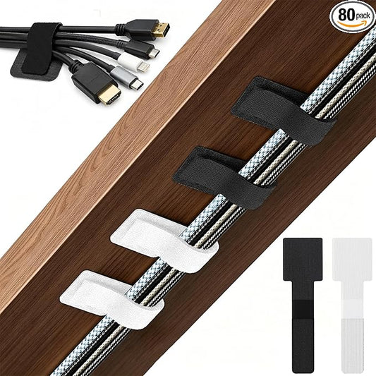 80 PCS Hook and Loop Cable Ties, Self Adhesive Cable Management Straps, Reusable Cord and Wire Organizer Clips for Under Desk, Computer, TV, Gaming Setup, Home Office and Kitchen, Black and White
