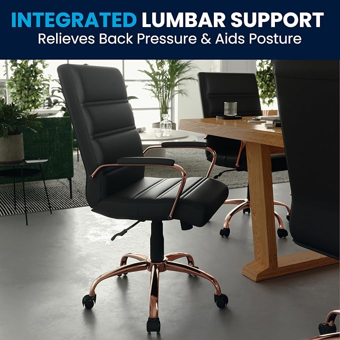 Flash Furniture Whitney Mid-Back Swivel LeatherSoft Desk Chair with Padded Seat and Armrests, Adjustable Height Padded LeatherSoft Office Chair, Black/Rose Gold