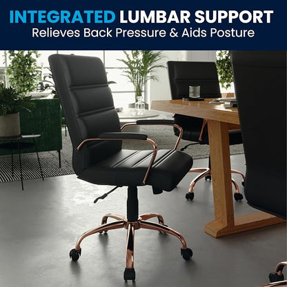 Flash Furniture Whitney Mid-Back Swivel LeatherSoft Desk Chair with Padded Seat and Armrests, Adjustable Height Padded LeatherSoft Office Chair, Black/Rose Gold
