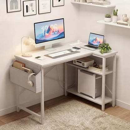 TIQLAB Small Computer Desk with Power Outlets, 40 Inch L Shaped Desk with Reversible Shelves, Gaming Desk Corner Desk Study Writing Desk for Home Office Bedroom Small Space, White