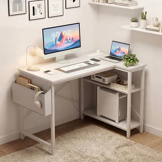 TIQLAB Small Computer Desk with Power Outlets, 40 Inch L Shaped Desk with Reversible Shelves, Gaming Desk Corner Desk Study Writing Desk for Home Office Bedroom Small Space, White