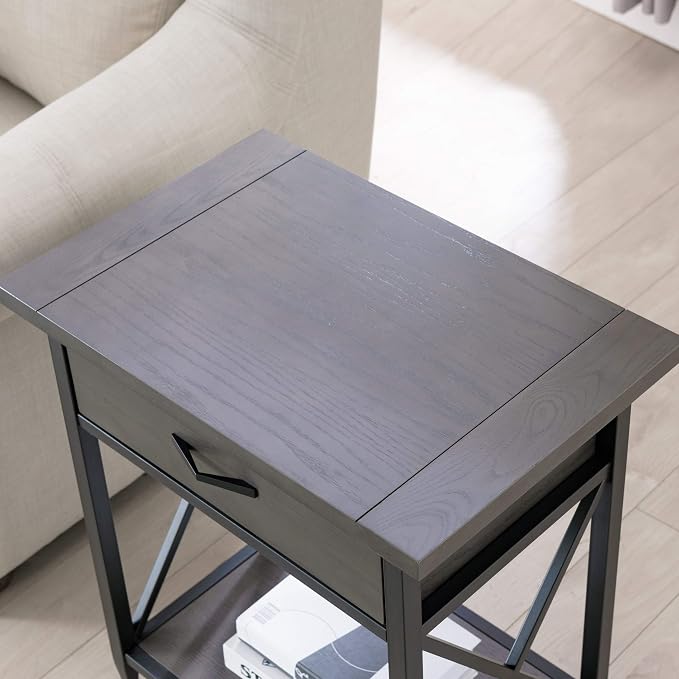 Leick Home 23022 Chisel & Forge One Drawer Nightstand with Shelf, Smoke Gray and Matte Black