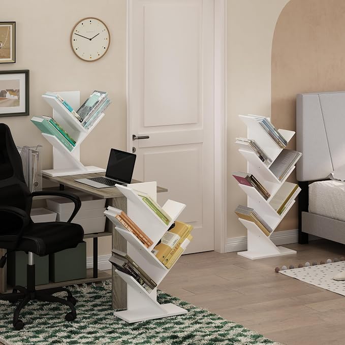 Furinno Tree Book Shelf, 5-Tier Bookshelf with Angled Open Shelf, Tree Bookcase for Room Decor, 8.4 x 15.7 x 30.3, for Organization and Storage, for Living Room, Bedroom, Home Office, White