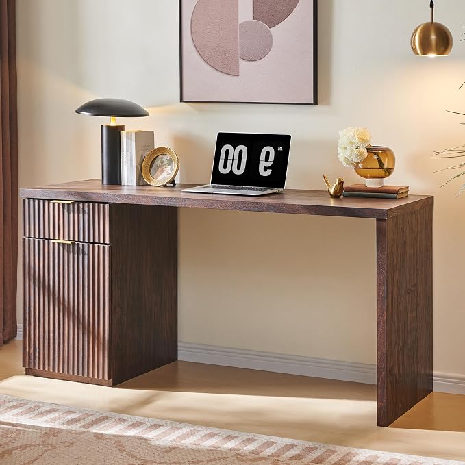 JXQTLINGMU 60" Modern Executive Desk with Storage, Wood Home Office Desk with Drawer & Cabinet, Fluted Computer Writing Desk for Study, Living Room, Bedroom, Dark Walnut