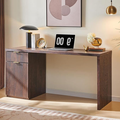 JXQTLINGMU 60" Modern Executive Desk with Storage, Wood Home Office Desk with Drawer & Cabinet, Fluted Computer Writing Desk for Study, Living Room, Bedroom, Dark Walnut