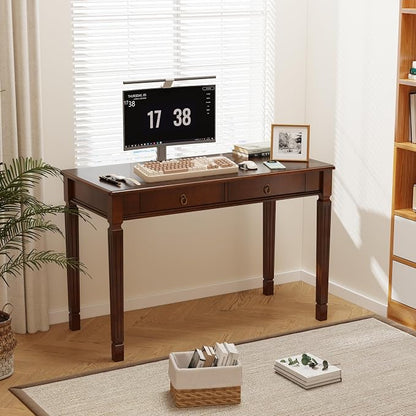 Solid Wood Writing Desk, Home Office Desks with 2 Storage Drawers, 46.1" Mid-Century Modern Walnut Tables, Secretary Desk for Home Office, Easy Assembly Vanity Desk, Study Table Station BSZD1258