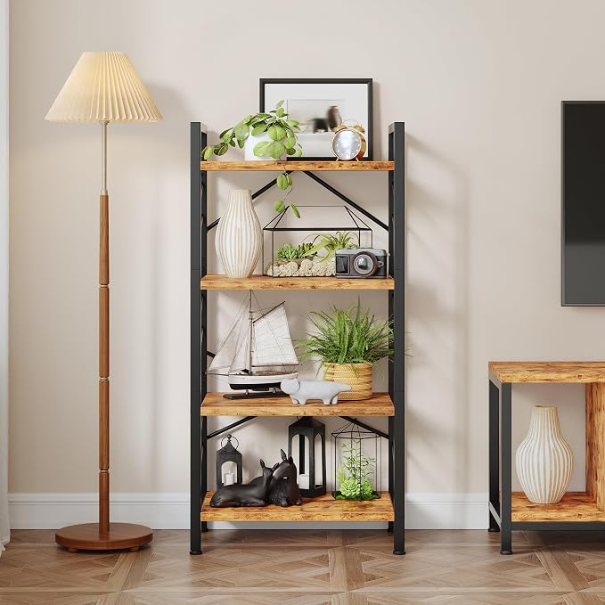 DurayLoly 4 Tier Book Shelf, Industrial Bookcases with Metal Frame and Sidebars, Small Bookshelf for Bedroom, Home Office and Living Room, Rustic Brown