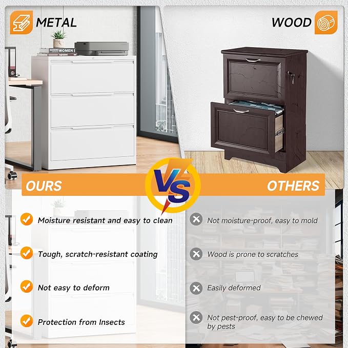 Bestoo 3 Drawer File Cabinet with Lock, File Cabinet, Metal Lateral Filing Cabinet, File Cabinets for Home Office, Office Cabinet for Hanging Files Letter/Legal/F4/A4 Size