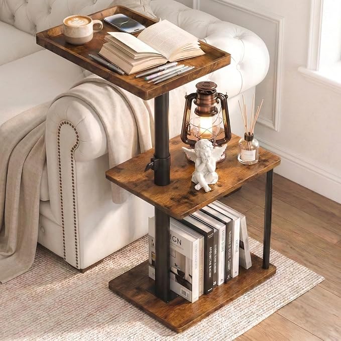 Faesun C Table End Table Adjustable Height, 360°Swivel TV Tray Table for Small Spaces, Small Nightstand for Living Room, Bedroom, Rustic