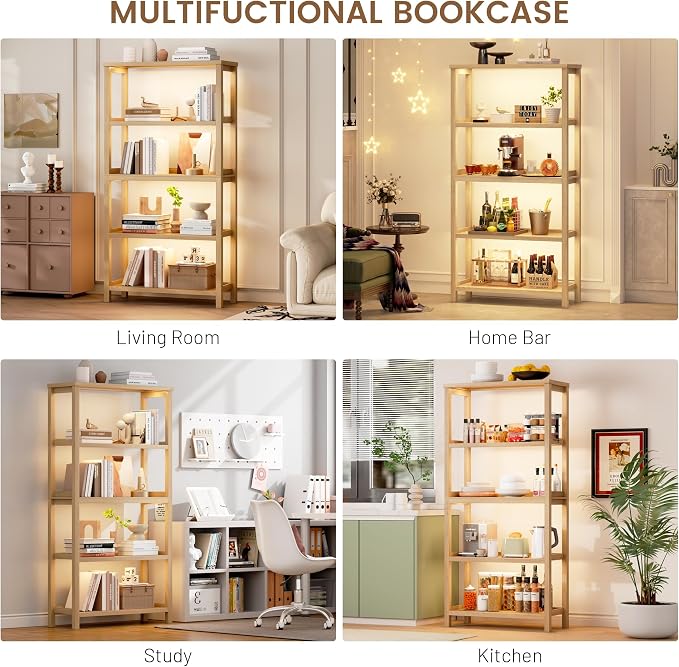 Vlsrka Wooden Bookshelf with Lights, 5 Tier Bookshelf with Storage, Tall Bookcase with Open Shelves, Standing Bookshelves Display Rack for Living Room, Home Office, Brown