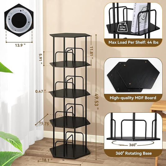 SUNMORY 4 Tier Rotating Bookshelf Tower, Revolving 360 ° Spinning Bookcase, Hexagonal Corner Book Shelf Storage Carousel, Vertical Rotate Turning Organizer Book Shelves for Living Room Office Bedroom