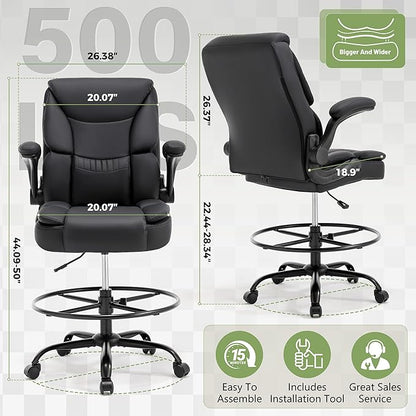 500LBS Drafting Chair, High Back Safer Standing Desk Chair, Executive Tall Office Chair with Flip-up Armrests, Upholstered PU Leather Task Chair, Ergonomic Seat with Adjustable Height&Foot Ring, Black