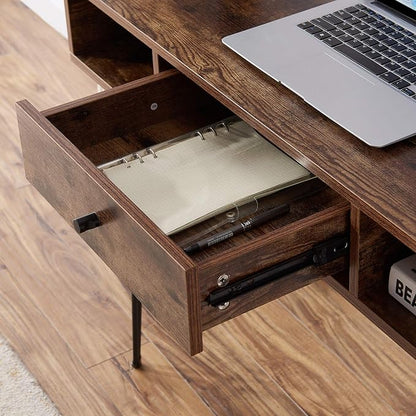 VECELO 39.3" Home Office Work Table with Drawers,Computer Desk with Hairpin Leg for Writing/Study,Retro Brown