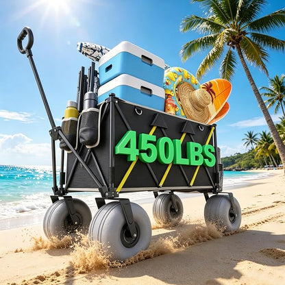 Premium 10.5" Balloon Wheels Beach Wagon - 450LBS Heavy Duty Sand Wagon, Foldable All Terrain Collapsible Utility Wagon with Removable Cooler Bag, Easy Roll for Soft Sand Family Camping-Black