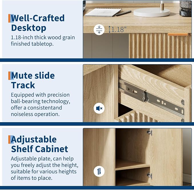 GarveeHome 60" Executive Desk with Storage, Modern Home Office Desk with Drawer & Cabinet, Wood Fluted Computer Desks Workstation Writing Conference Table for Study, Living Room, Bedroom, Natural Oak