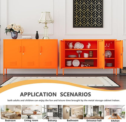 32" Orange 3 Door Lockable Metal Cabinet, Freestanding Multipurpose Heavy Duty Storage Locker with Adjustable Shelves for Home Office Kitchen Living Room Bedroom