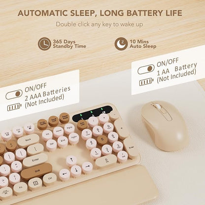 Wireless Keyboard and Mouse Combo, Round Keycaps, Full-Size Retro Typewriter Keyboard with Magnetic Wrist Rest, Tilt Legs, 2.4GHz Cordless for Mac, Windows PC, Laptop, SABLUTE CK23, Latte Beige
