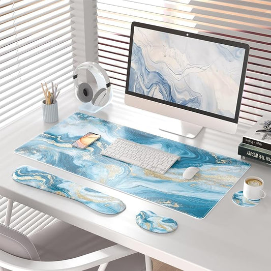 QIYI Leather Desk Mat Set, 4-in-1 Large Mouse Pad with Ergonomic Wrist Rest, Waterproof Desk Pad + Keyboard Wrist Rest + Mouse Wrist Support+Coaster, Non-Slip Office Gaming Accessories, Blue Fluid Art