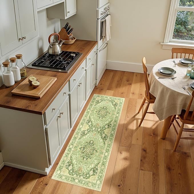 RELEANY Area Rugs Runner 2'x5' Washable Non-Slip, Floral Vintage Distress Medallion Carpet for Kitchen Hallway Bedroom Beside Laundry Room Bathroom, Sage Green Yellow